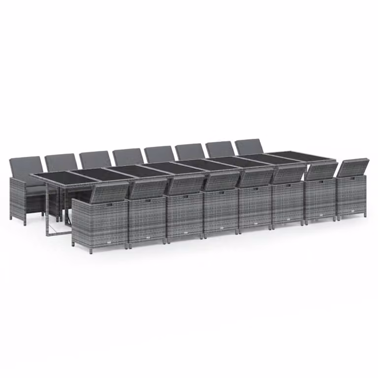 Set da Pranzo da Giardino 17pz con Cuscini Grigio in Polyrattan