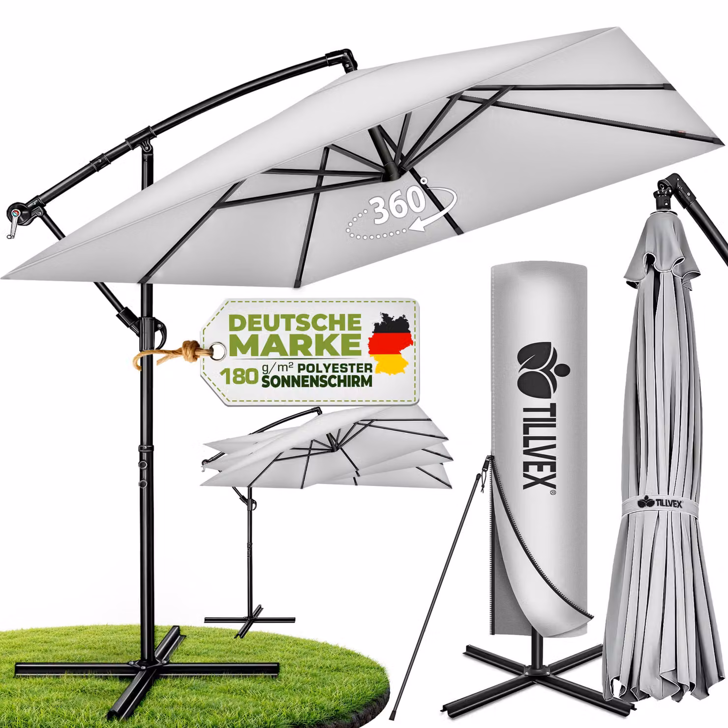 tillvex® Parasole in alluminio rettangolare, diametro 330 cm, grigio, con copertura e manovella | Parasole a gondola angolare con supporto | Parasole da giardino in alluminio con protezione UV | Parasole con manovella, impermeabile, girevole a 360°