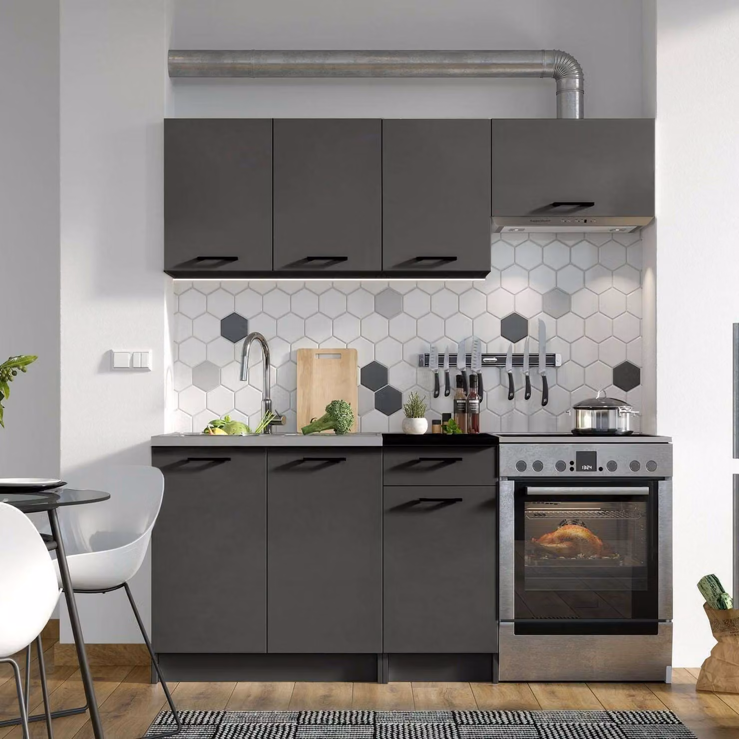 Cormone - Cucina, Nero Antracite, un Ripiano, Elettrodomestici non inclusi
