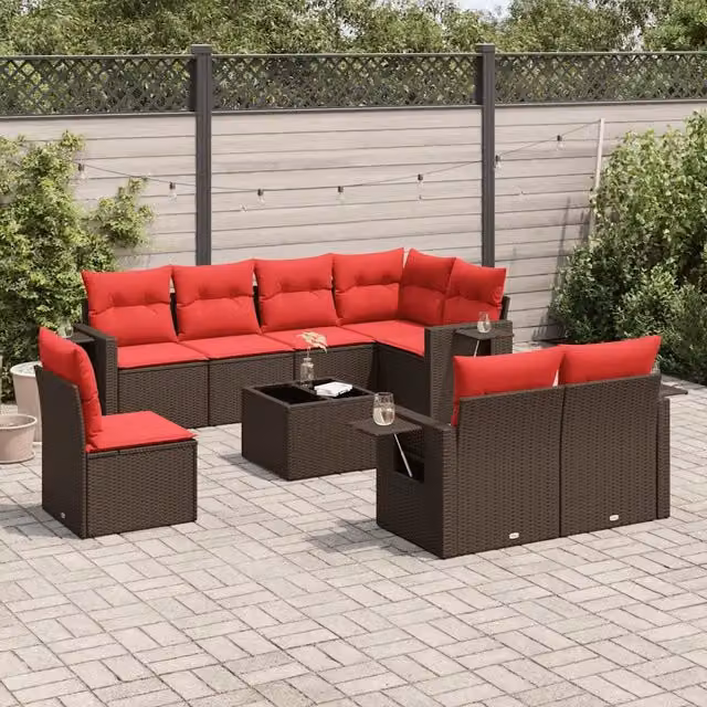 Set Divani da Giardino 9 pz con Cuscini Marrone in Polyrattan 3220453