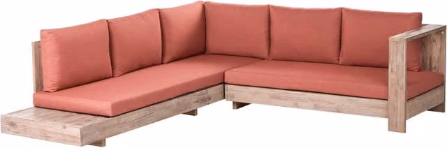 Set Lounge da Esterno Beliani con Divano Angolare Sinistro a 5 Posti in Legno di Acacia e Tavolino, Cuscini Rossi e Struttura Marrone