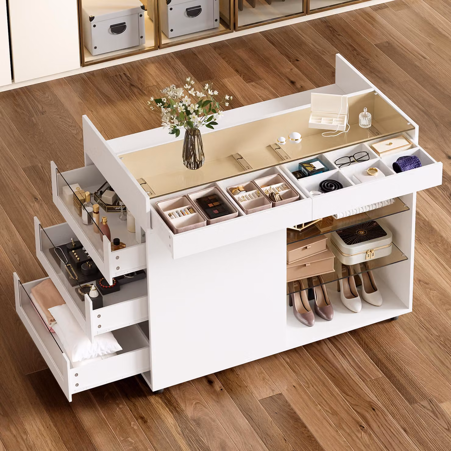 Merax: toletta con piano in vetro su rotelle, credenza a 5 cassetti, comò multifunzionale con spazio contenitivo e divisori, 110x60x79 cm, bianco