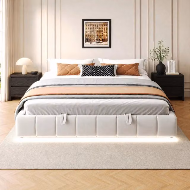 Letto imbottito 180x200 cm senza testiera; contenitore idraulico con LED; velluto beige