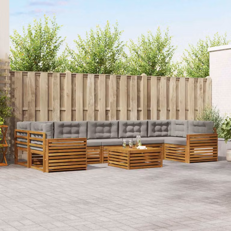 Set di divani da esterno vidaXL 8 pz in legno di acacia con tavolo da caffè e cuscini, forma a L, Grigio e Marrone