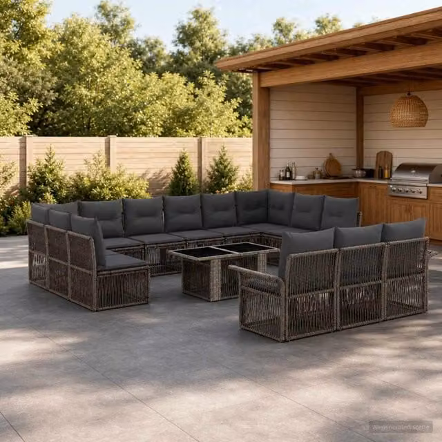 Set Divano da Giardino vidaXL 14 Pezzi a Forma di U in Polyrattan Grigio e Antracite con Cuscini e Tavolino da Caffè – 1