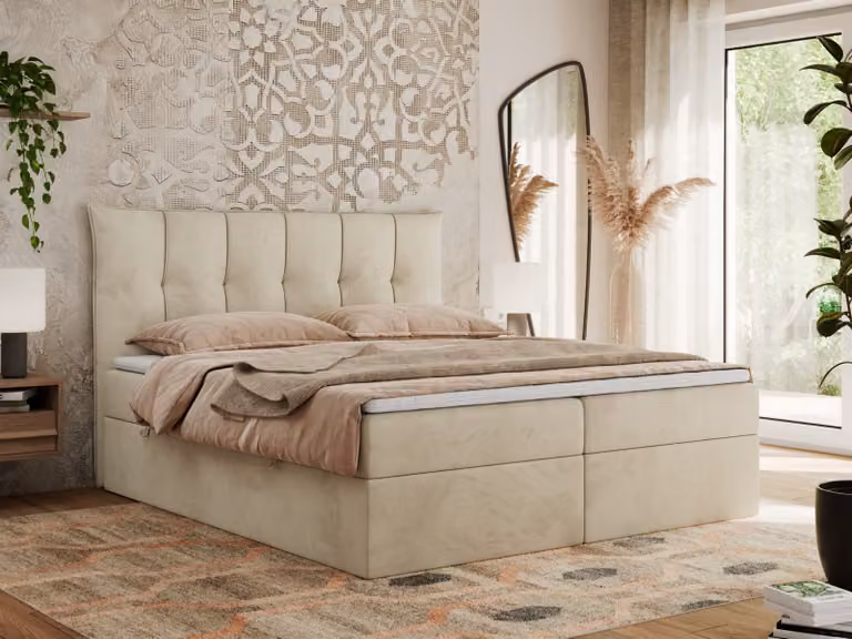 MKS MEBLE Letto boxspring 180x200 con contenitore e materasso H3, letto imbottito 180x200 con contenitore, letto 180x200 con spazio contenitore e topper - Premium-10 - Beige Velvet