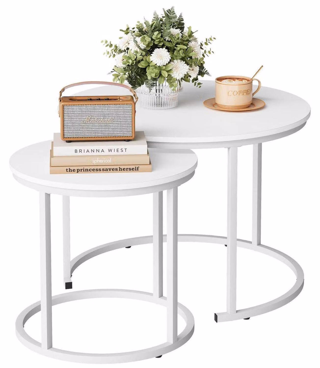 Set di tavolini laterali rotondi, set di 2 tavolini da caffè in legno e metallo, colore bianco