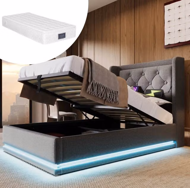 Letto contenitore 90x200 cm in cotone grigio con LED e USB Type-C, senza materasso