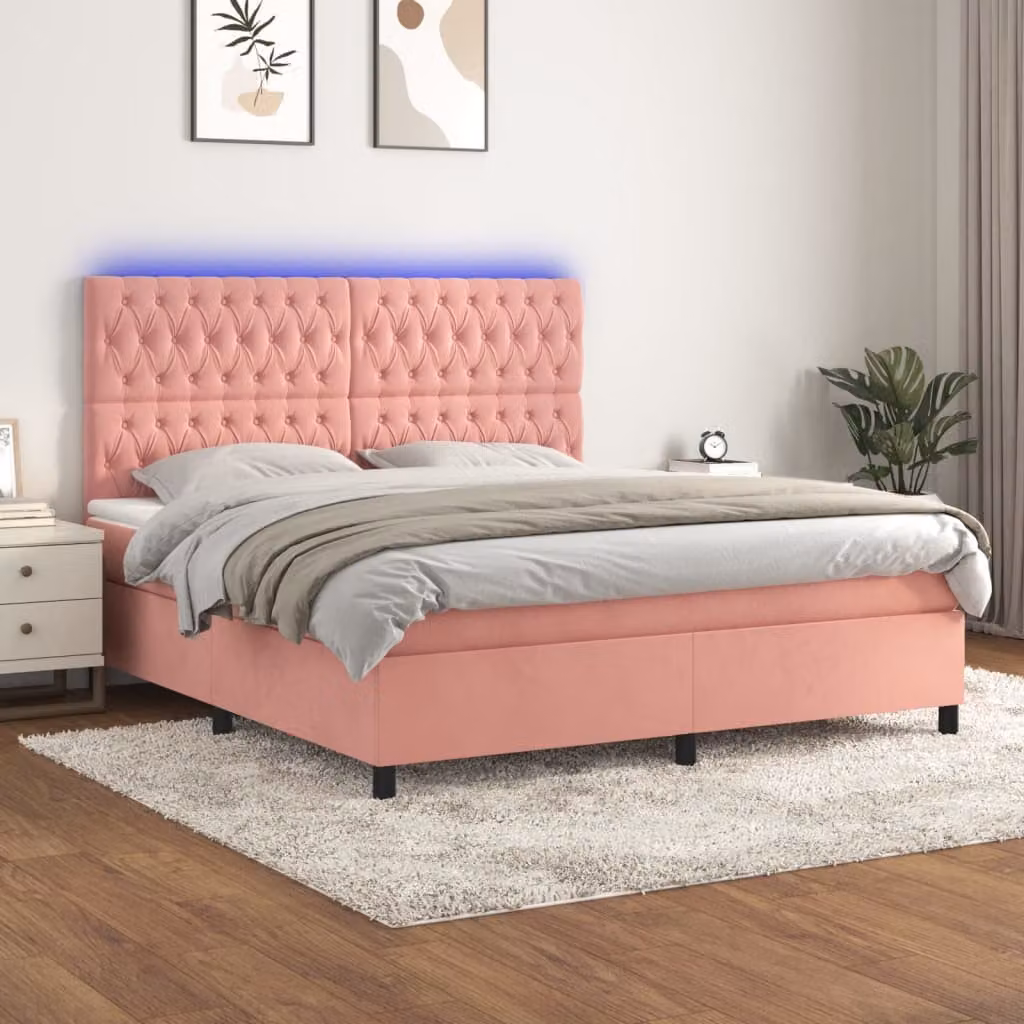 Letto a molle con materasso e illuminazione LED vidaXL in velluto rosa, L: 180 cm, P: 200 cm, H: 128 cm – 1