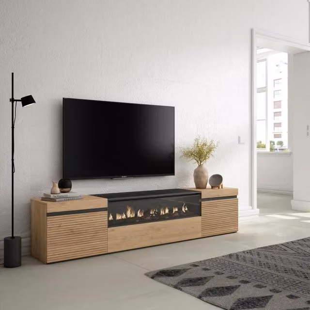 Mobile TV Soggiorno, 200x35x45cm, Per TV fino a 80", Camino elettrico, colore Rovere RF3315