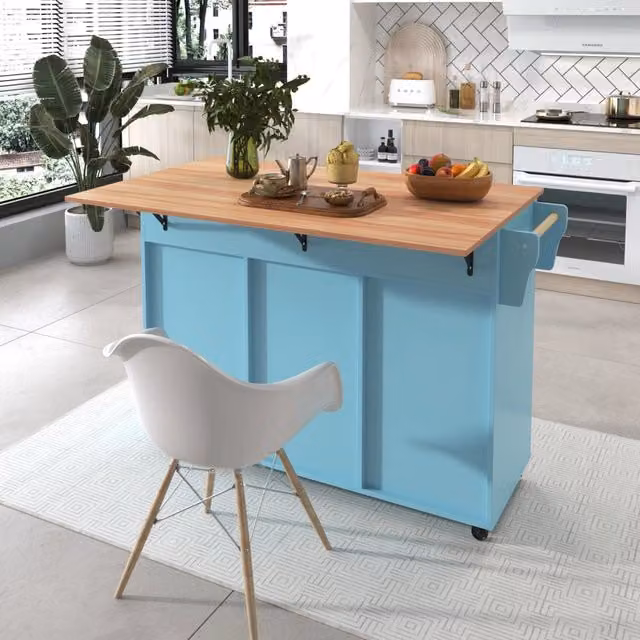Carrello da cucina moderno WISHDOR blu con piano pieghevole, cassetti, ripiani regolabili e ruote, L/P/H: 129 x 71 x 91,5 cm