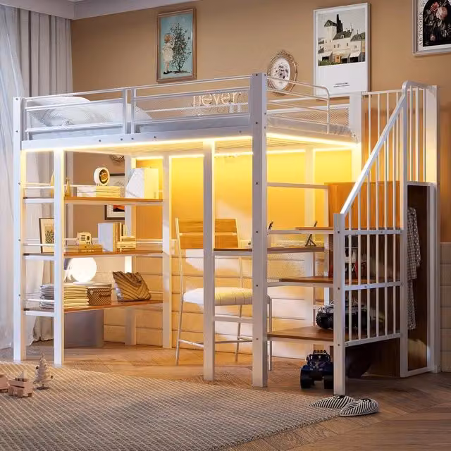 Letto a Soppalco Singolo con LED, Rete a Doghe e Libreria ¨C MINIMAL ¨C Bianco 90x200