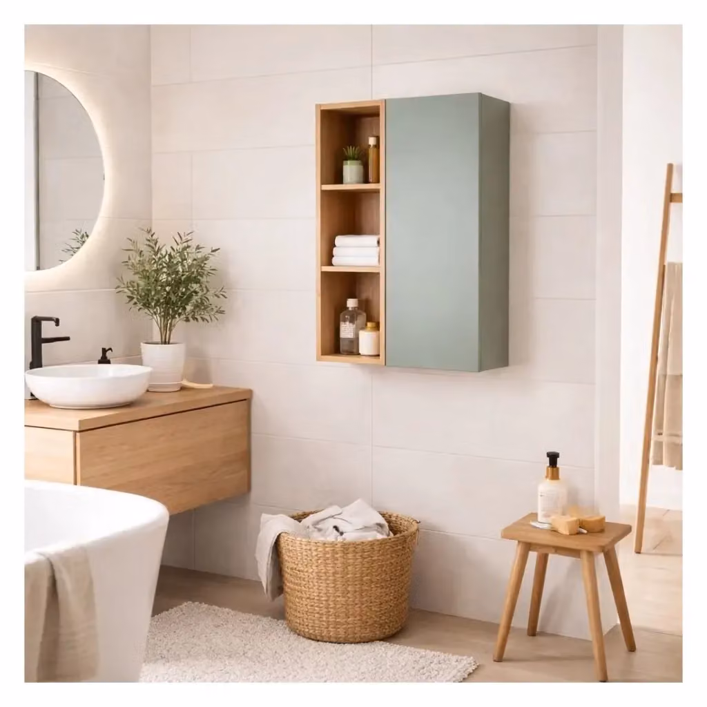 Mobile da parete sospeso MEUBLORAMA OSTER verde con ripiani aperti e finitura rovere L/P/H: 50 x 27 x 80 cm – 2