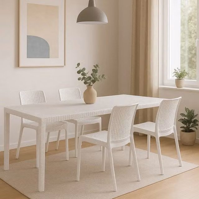 Set tavolo e 4 sedie DMORA Bianco, Tavolo rettangolare allungabile e sedie con braccioli per soggiorno e cucina – 1