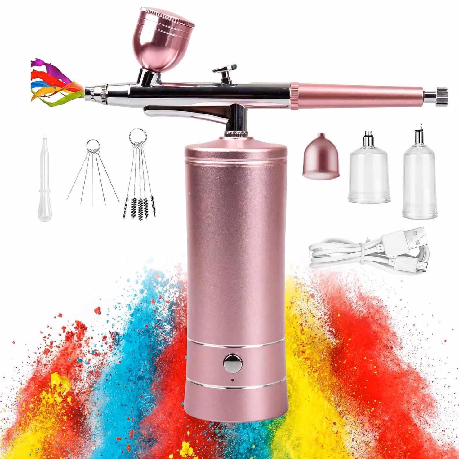 Kit per aerografo, ricaricabile, ugello da 0,3 mm, 3 livelli di pressione, colore rosa