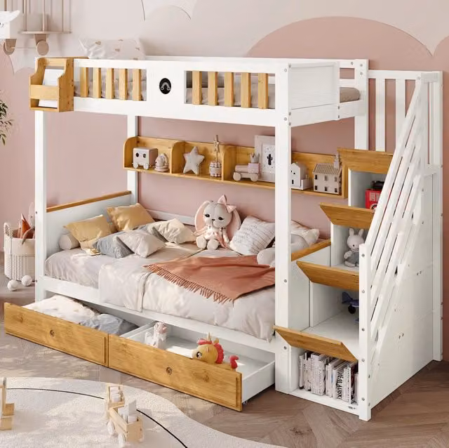 Letto a castello 90x200 cm con scala contenitore; 2 cassetti e libreria aperta; legno e MDF; bianco e naturale