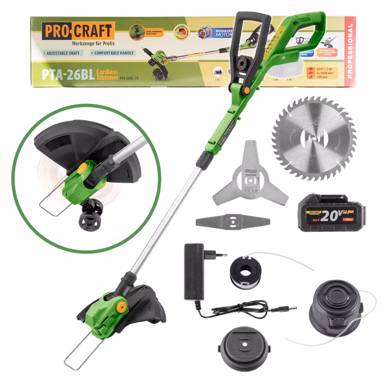 Decespugliatore a batteria Procraft PTA-26BL 20 V 300 mm Brushless + 1 batteria da 3,0 Ah + caricabatterie