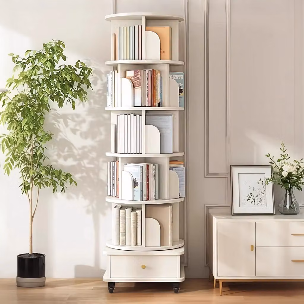 Libreria angolare girevole 360° REDOM bianca in MDF con cassetto e ruote – 2