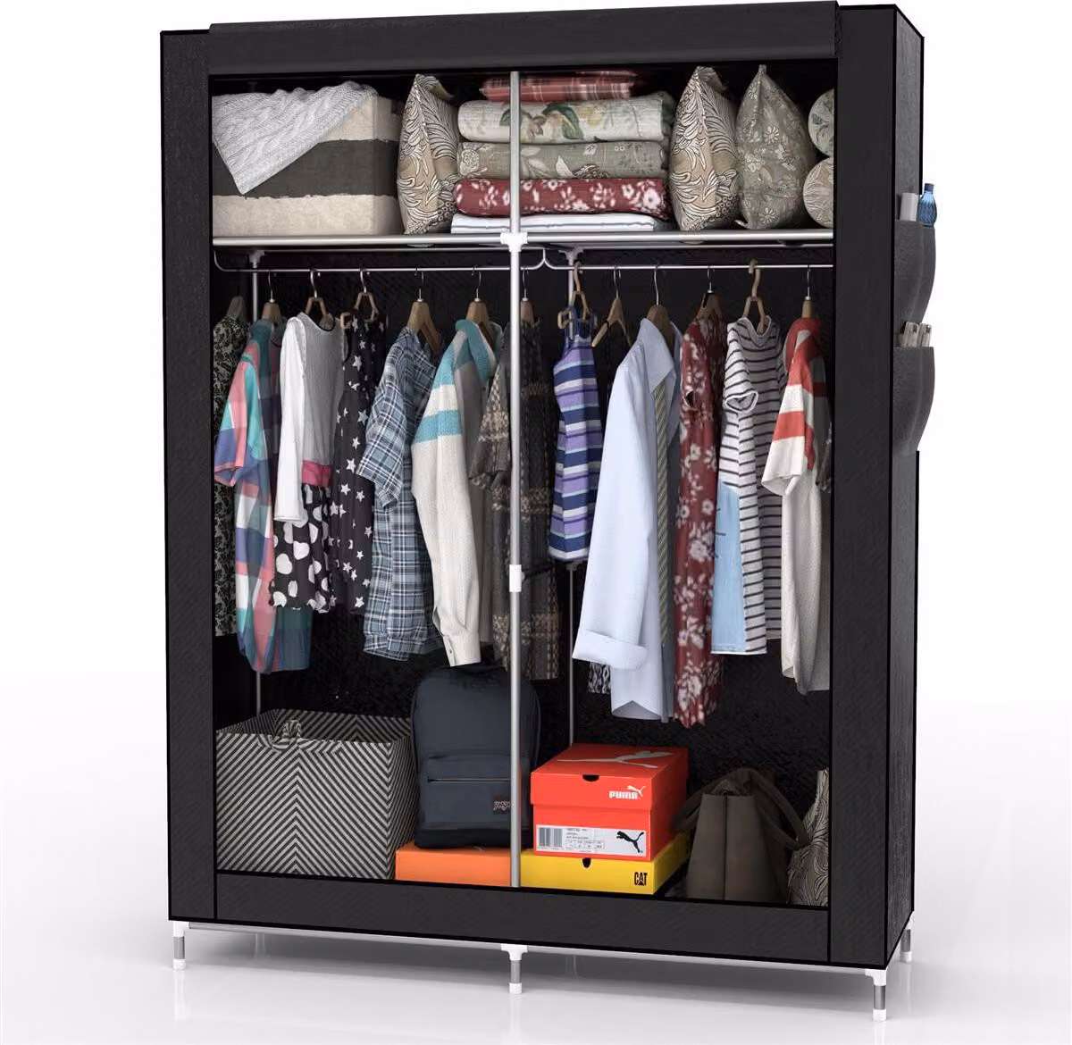 Armadio pieghevole Intirilife 108x170x45 cm in RABEN SCHWARZ - con cerniera Armadio in tessuto con asta appendiabiti, scomparti e tasca laterale - armadio da campeggio armadio in tessuto