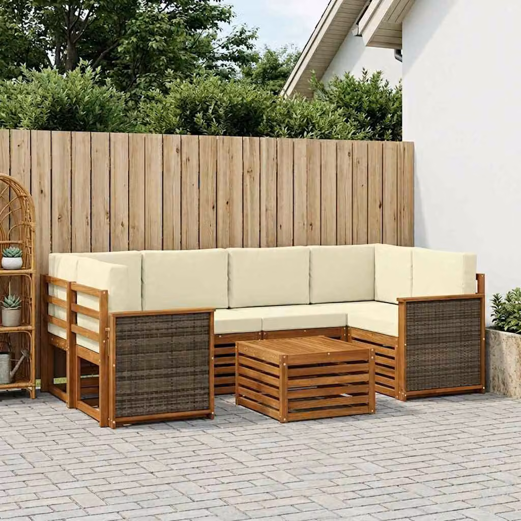 Set di divani da esterno vidaXL 7 pz in legno di acacia con tavolino e cuscini, colore naturale e crema