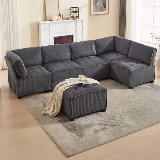 Divano modulare Zephmum da 6 posti con funzione letto, forma a L, rivestimento in tessuto corda grigio e struttura in legno e metallo