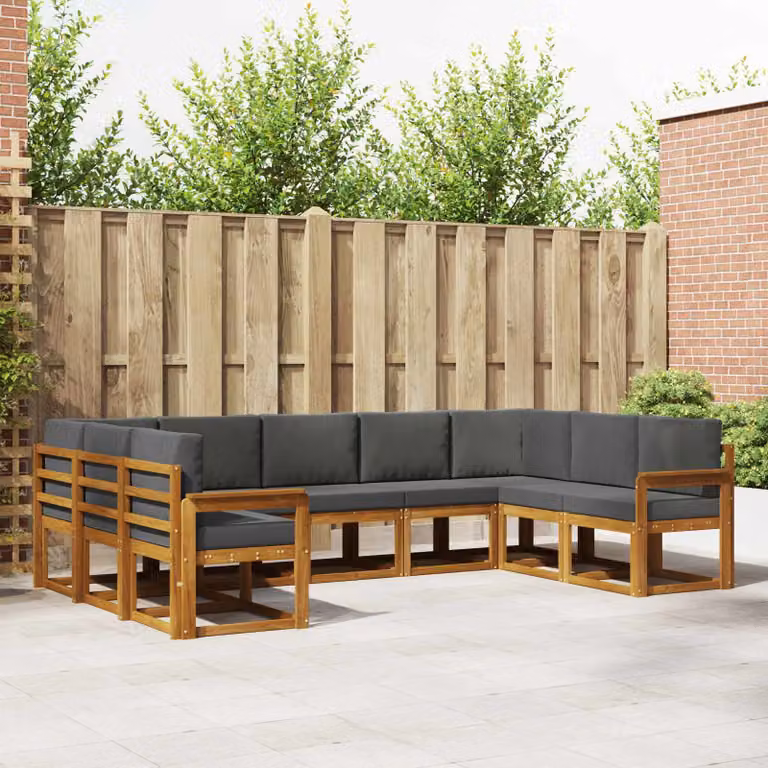 vidaXL Set di divani da esterno a L in legno di acacia con cuscini, 9 pezzi, Beige e Antracite