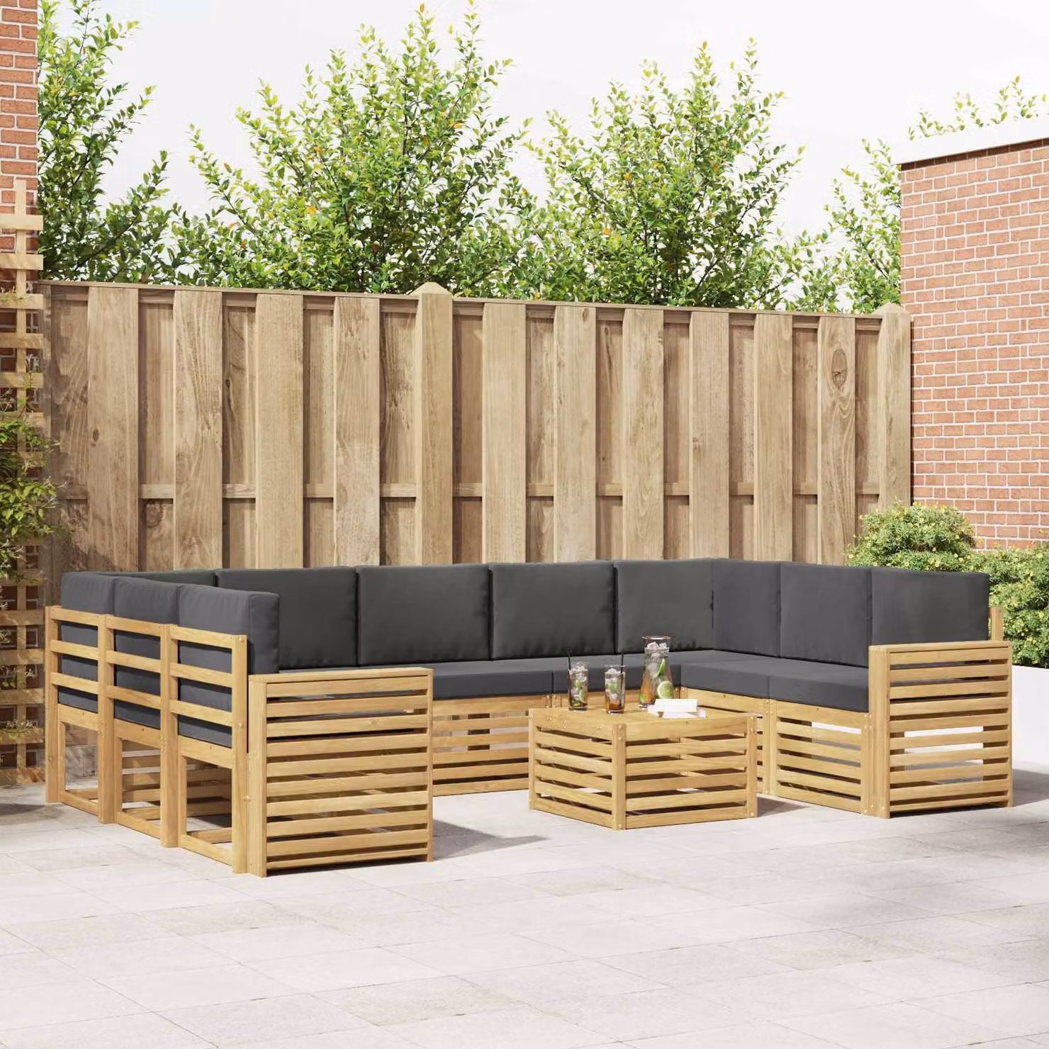 Set di divani da esterno vidaXL 10 pezzi in legno di acacia con cuscini, Bianco, Antracite e Marrone