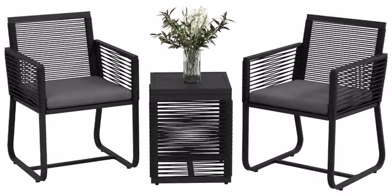Set di mobili da giardino in rattan - 3 pezzi - 2 posti a sedere - Con cuscini - Struttura in metallo - Rivestimento in polvere - Colore nero