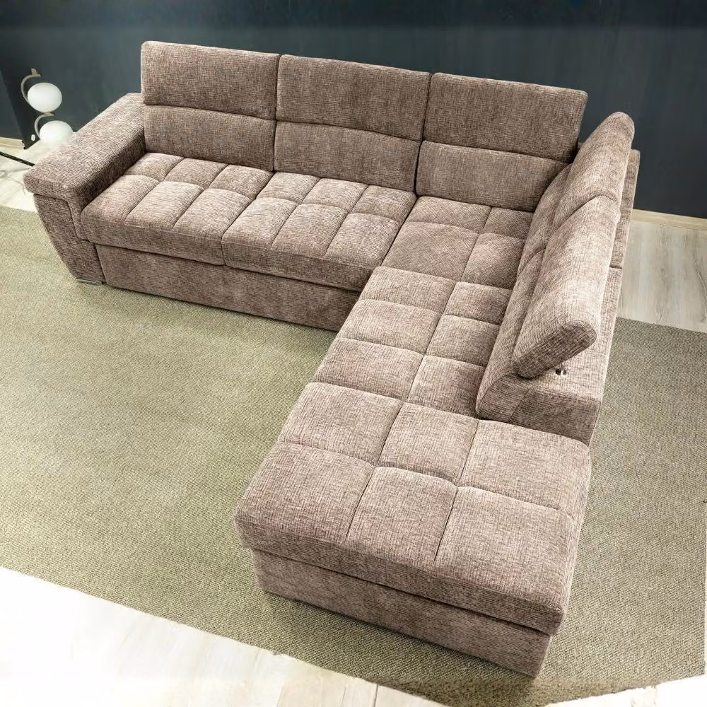 Divano letto angolare reversibile Amalfi Veriaffari in tessuto beige con 5 poggiatesta regolabili e pouf coordinato L/P/H: 269 x 160 x 94 cm – 2