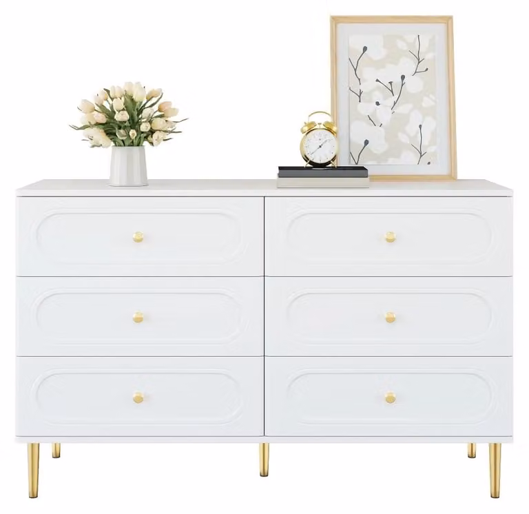 Comò - Credenza con 6 cassetti - Frontale con scanalature ovali - Maniglie rotonde dorate - Gambe in metallo sottili - Ampio spazio di stoccaggio - Bianco