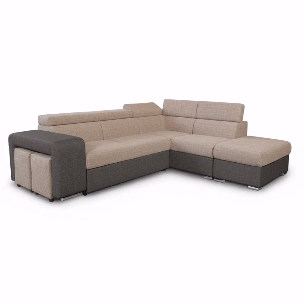 Divano Letto Angolare Tezeta con Penisola Destra, Funzione Letto e Poggiatesta Regolabile, 2 Pouf Estraibili e Pouf Contenitore – Grigio e Beige, L 262 x P 162 x H 91 cm – 2
