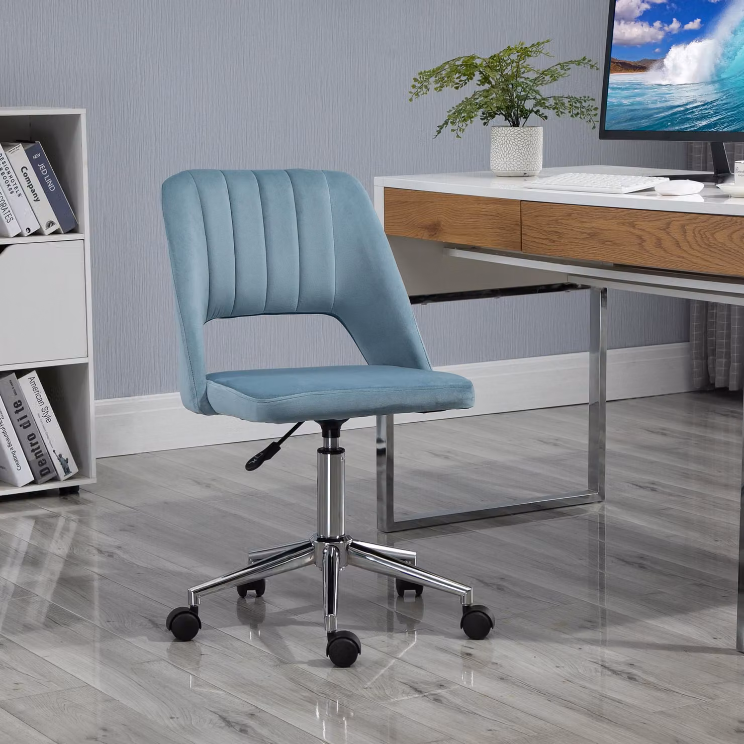 okwish Sedia da ufficio, sedia girevole da lavoro, letto imbottito con schienale e altezza regolabile, sedia da pranzo con imbottitura in schiuma, blu