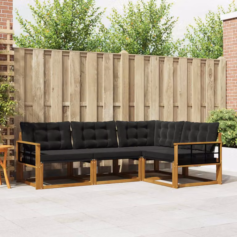 Set di divani da esterno vidaXL 4 pz in legno di acacia e textilene, composizione a L con cuscini inclusi, colore marrone e nero