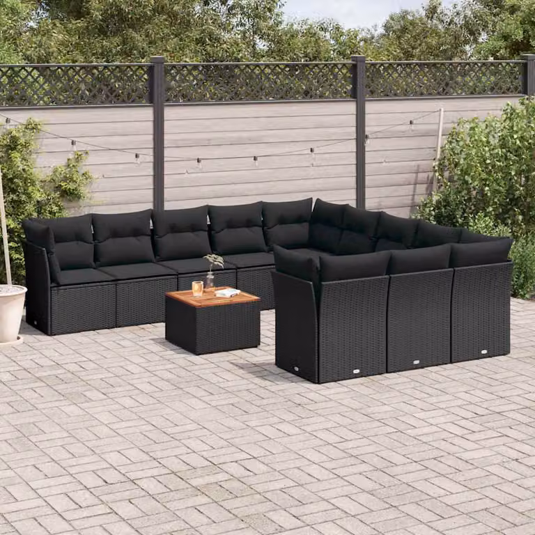 Set di divani da giardino vidaXL 12 pezzi in polyrattan nero con cuscini e tavolino da esterno a forma di L