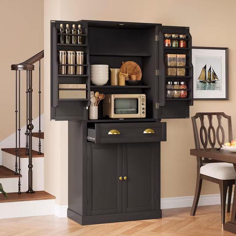 Armadio da cucina, mobile alto, nero, 4 ante, 1 cassetto, 80x40x182 cm