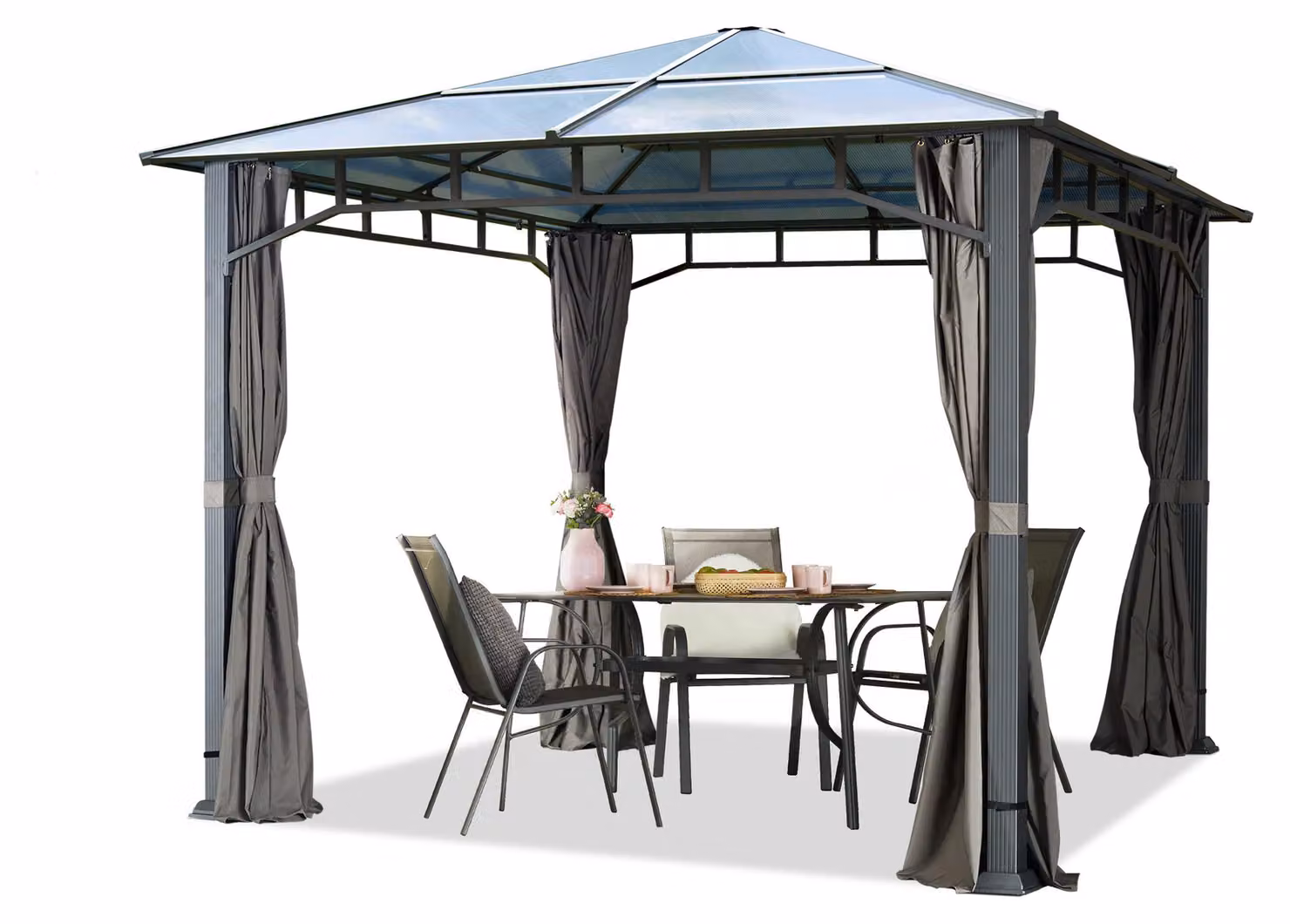 TOOLPORT Gazebo da Giardino 3x3 m Telaio in Alluminio Tetto in Policarbonato da ca. 8 mm 4 Teli Laterali Color Grigio