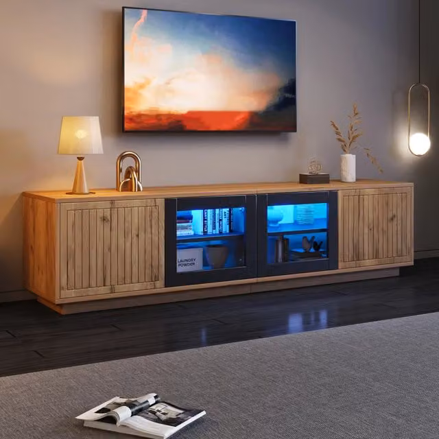 Mobile porta TV autoportante OKWISH moderno con illuminazione LED integrata, 4 ante e 3 ripiani, in legno e vetro temperato, L/P/H: 180 x 40 x 45 cm