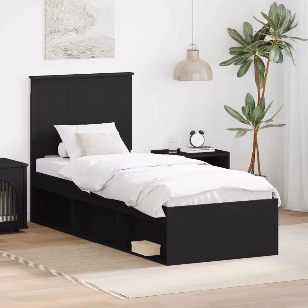 Letto singolo per adulti con testiera in pino massello e MDF nero L: 190 cm, P: 78 cm, H: 200 cm – 2