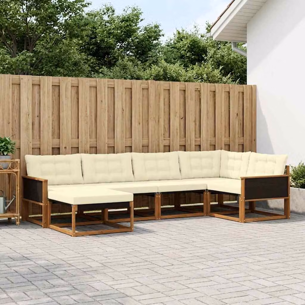 Set di divani da esterno vidaXL a forma di L composto da 6 pezzi in legno di acacia con cuscini beige e bianchi