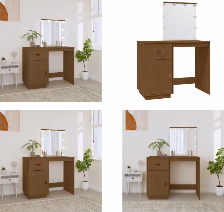 vidaXL Tavolino da toilette con LED marrone 95x50x133,5cm in legno massiccio di pino - Tavolino da toilette - Tavolino da toilette - Tavolino da toilette