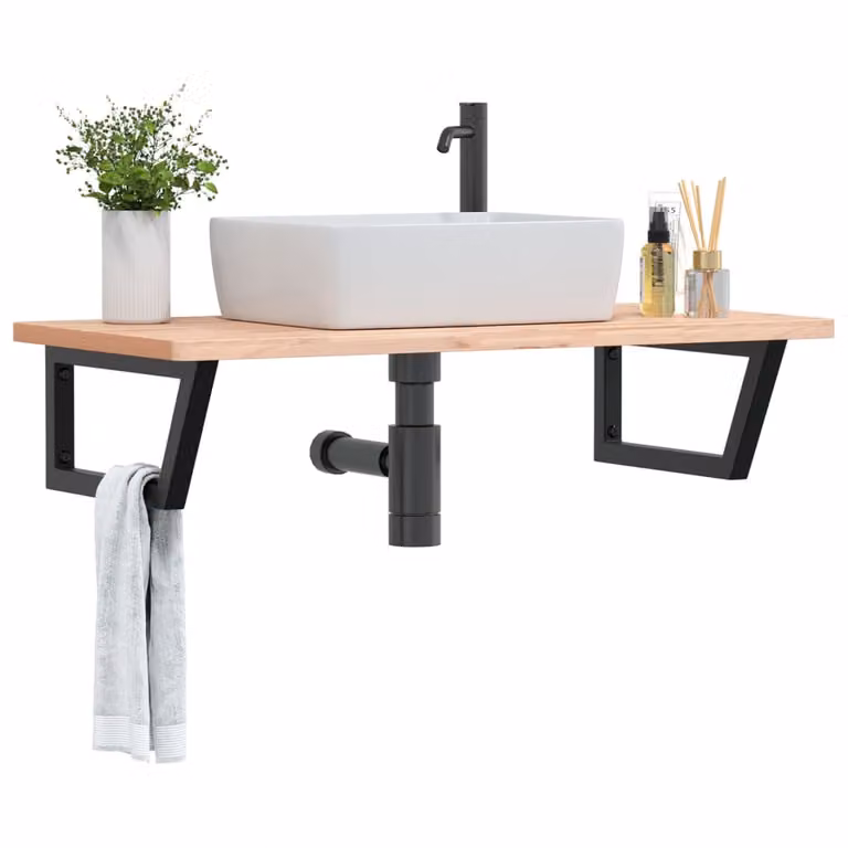 vidaXL Ripiano da parete per bagno in metallo nero e legno di faggio naturale