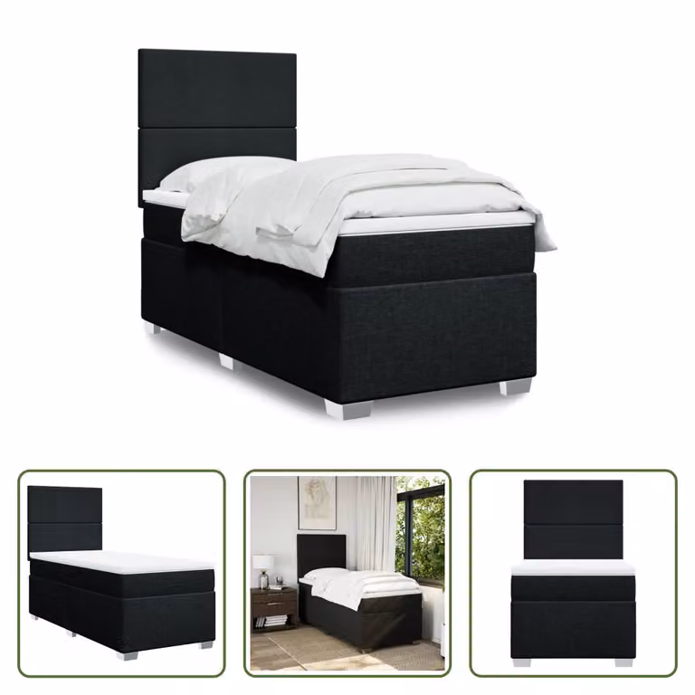 The Living Store Letto a molle con materasso nero 100x200 cm in tessuto