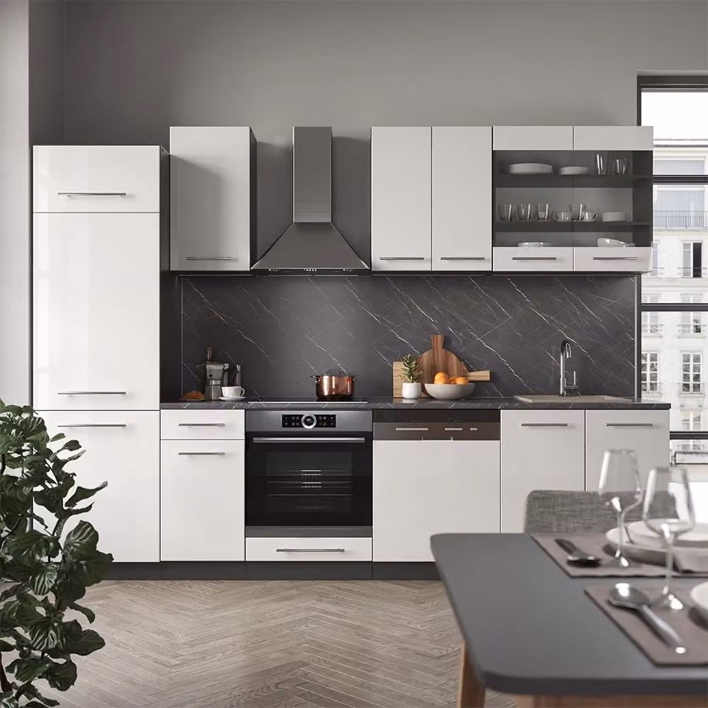 Cucina componibile moderna Vicco Fame-Line Bianco lucido e Antracite, L: 300 cm – 2