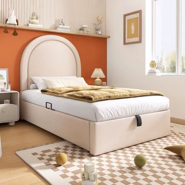 Letto singolo imbottito per bambini 90 × 200 cm con materasso a molle insacchettate vano contenitore PU beige