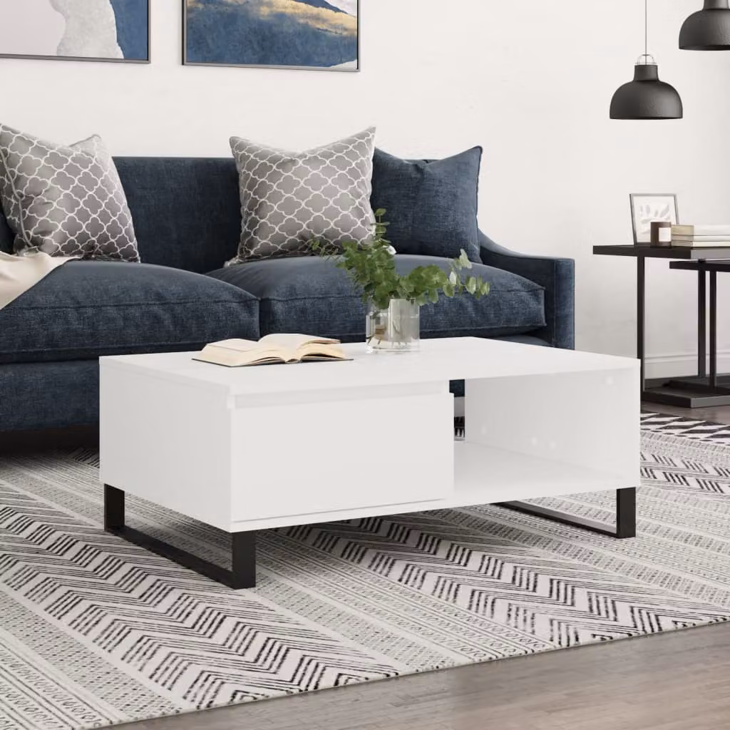 vidaXL Tavolino da Salotto Moderno Bianco in Legno e Metallo L: 90 cm, P: 60 cm, H: 35 cm