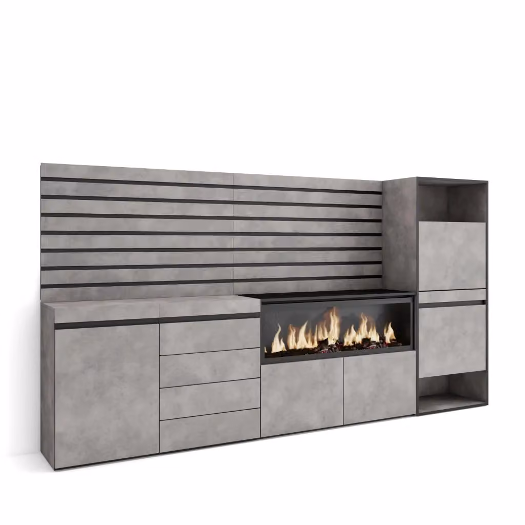 Credenza con Camino Elettrico XXL e Cassettiera SKRAUT HOME, Grigio Cemento e Nero, L: 274 cm, P: 35 cm, H: 145 cm – 2