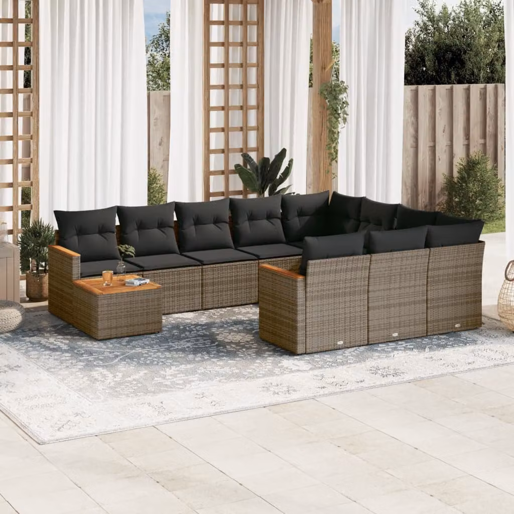 vidaXL Set Divani da Giardino 11 pz in Polyrattan Grigio con Cuscini e Tavolino da Caffè – 1