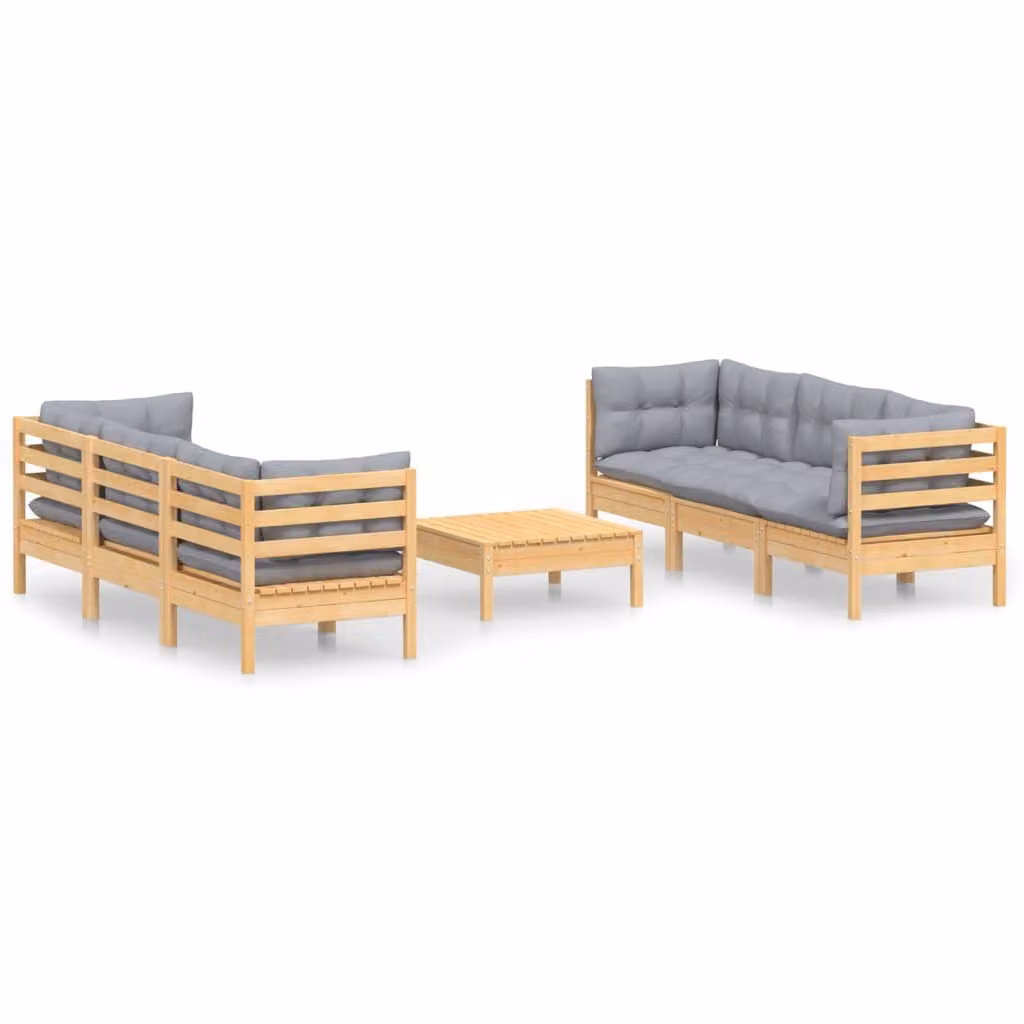 Set Divani da Giardino 7 pz con Cuscini Grigi Massello di Pino