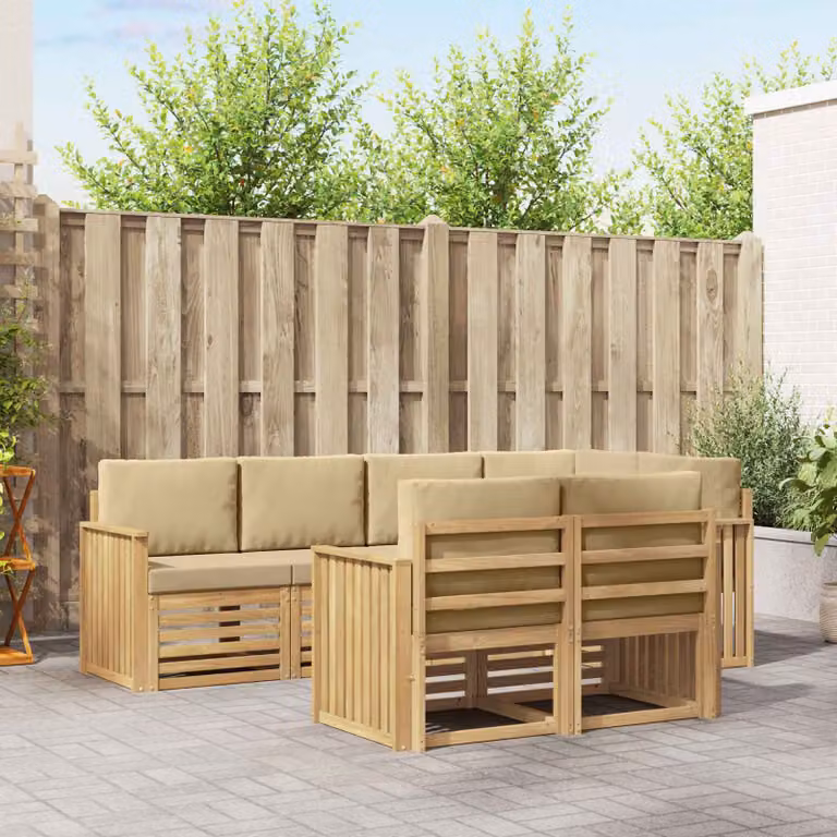 Set di divani da esterno vidaXL a forma di L composto da 7 pezzi in legno di acacia con cuscini bianchi e beige