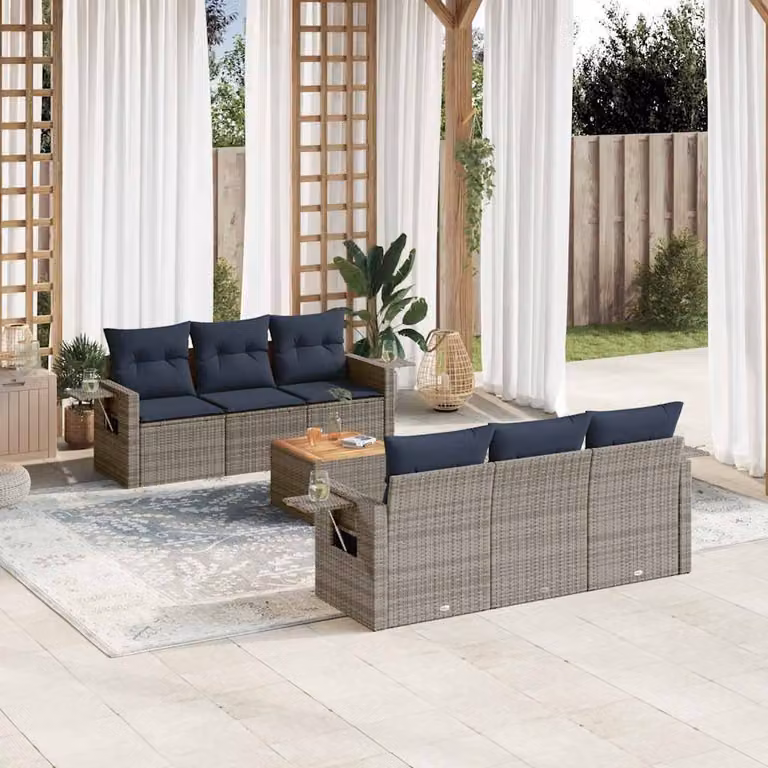Set da giardino vidaXL in polyrattan grigio composto da 7 pezzi con cuscini e tavolino coordinato